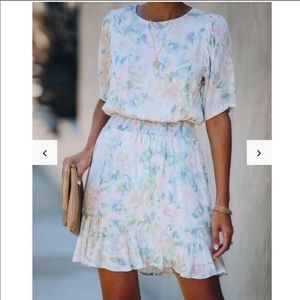 Smocked waist puff sleeve dress floral pastel